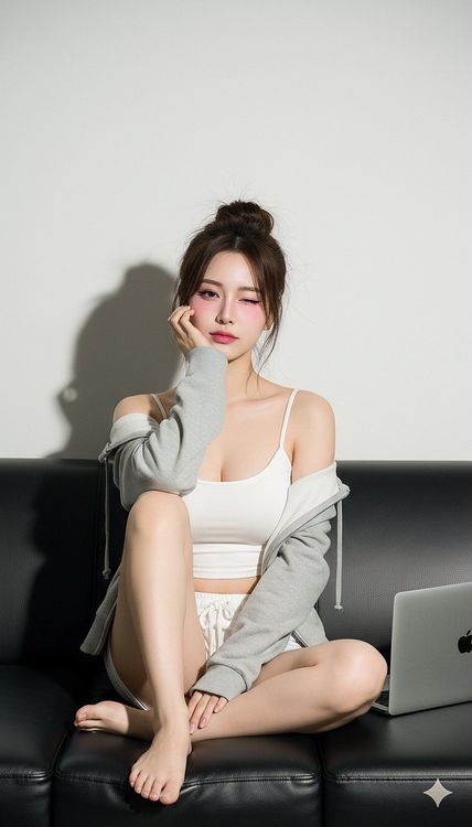 女生坐沙发上