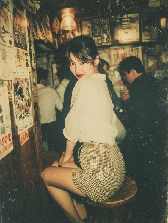 居酒屋里用闪光灯拍摄的美女照片
