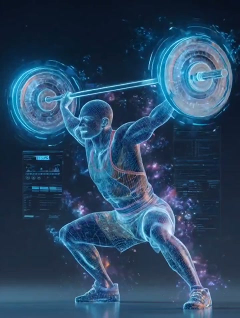 Futuristic Weightlifter with Holographic Wireframe