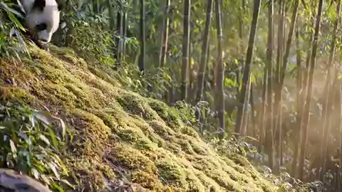 Playful Panda Cub on Bamboo Slope