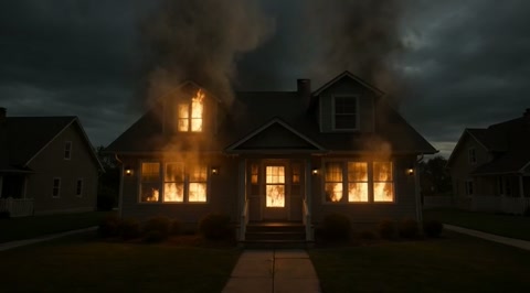 Wide Moving Shot of Burning House