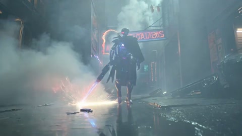 Cybernetic Warrior in Dystopian Alley