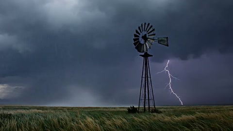 Lone Windmill Storm Dark Prairie