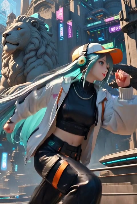 Teal-Haired Girl Parkour in Cyberpunk City