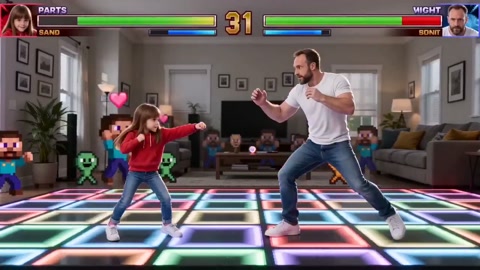 Cinematic side-view fighting game style, 9-year-old girl vs dad in living room transformed into Street Fighter arena. Dynamic 2D plane camera like arcade game. Round 1 Fight banner flashes. Girl throws rapid cute punches, dad