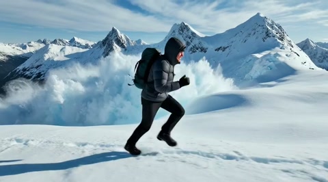 Climber Sprinting Across Icy Ridge