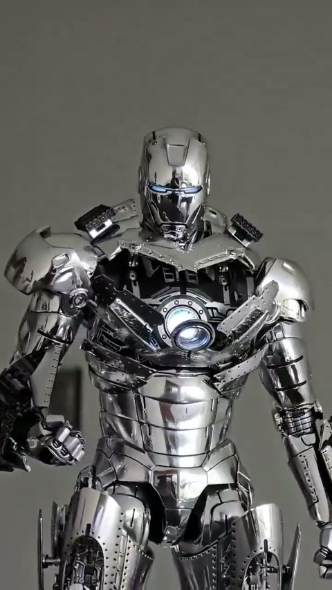 Chrome Iron Man Robot Statue with Blue Arc Reactor