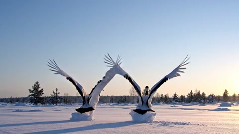 Red-Crowned Cranes Synchronized Leap