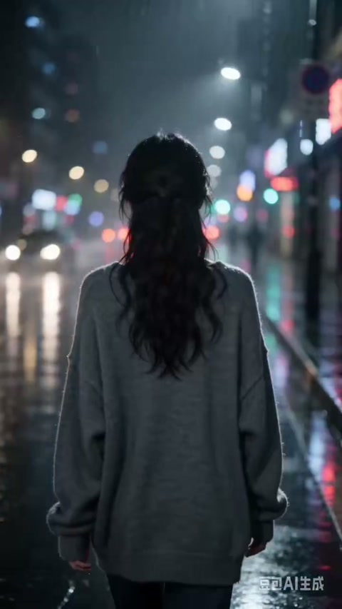 Rainy Night Street Girl in Neon Lights