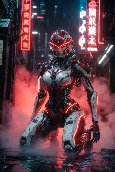 Female Cyberpunk Mecha Warrior in Red Armor