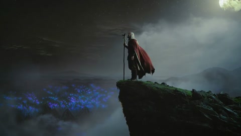 Tall Silver Haired Wanderer Misty Cliff