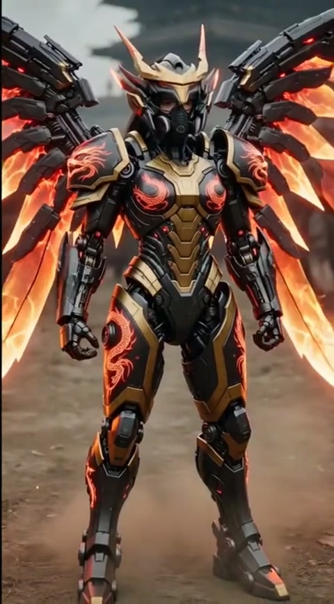 Cybernetic Female Warrior with Fire Wings