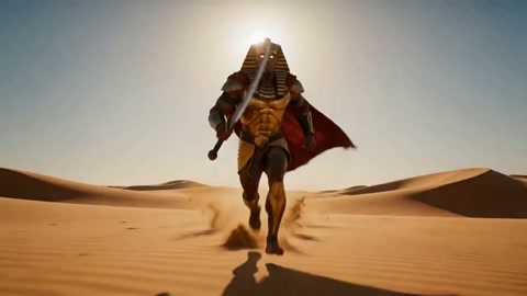 Ultra-fast low-angle tracking shot across desert dunes under a blazing sun. T...
