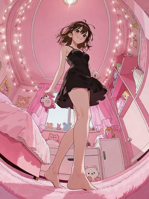 Minimalist Prompt Share Cute Anime Girl Dancing with Doll Low Angle View