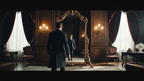 Character Stepping Through Rippling Mirror