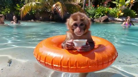 Cute Monkey Relaxing in Pool