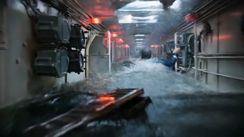 The camera plunges forward through a flooding submarine corr