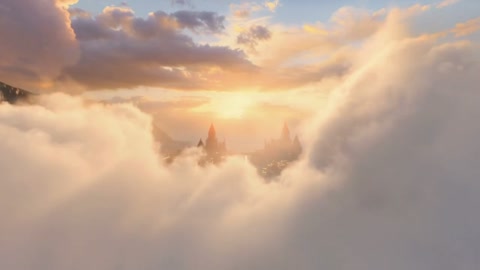 Drone Descend Sunrise Lit Clouds Ancient City