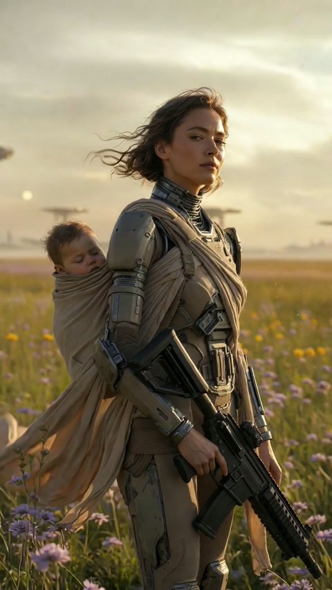 Futuristic Warrior Mother in Spring Field