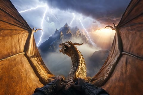 First Person Dragon Flight Through Stormy Mountains