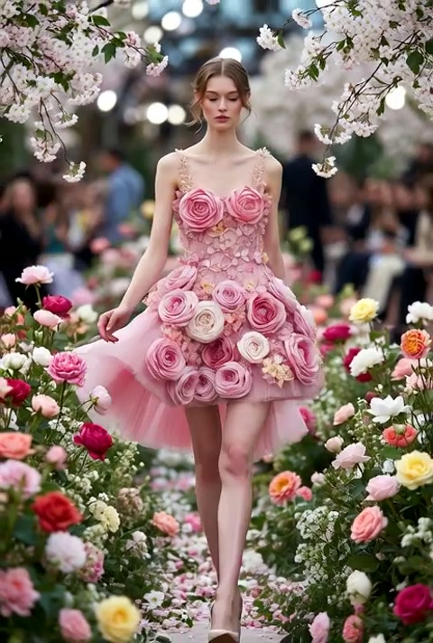Fashion Model in Roses Dress