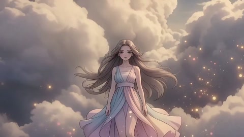 Floating Anime Girl in Dreamlike Sky